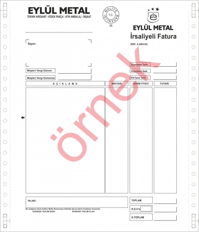 İrsaliye Fatura sürekli form